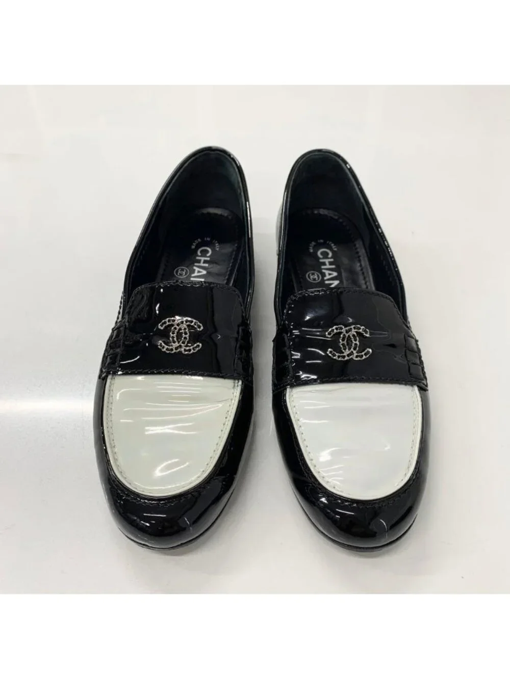 Chanel Patent Coco Mark Chain Loafers Black White